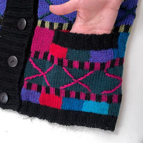 90s Abstract Slouchy Mohair Wool Cardigan Sweater Artsy Jewel Tone Fuzzy L Multi - Picture 4 of 10